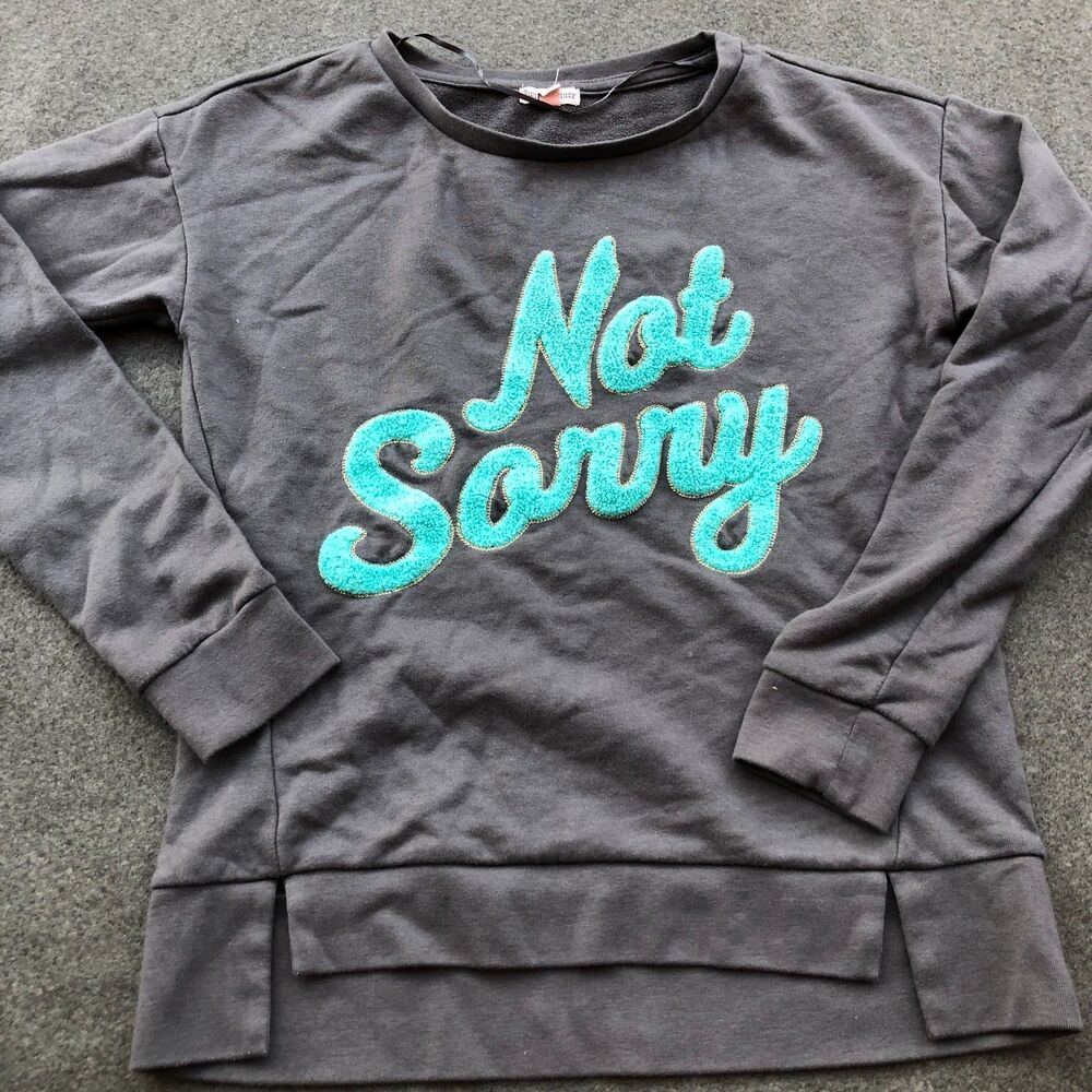 juicy couture "not sorry" sweater gray small teddy letters spellout blue A13